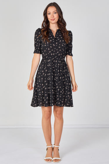 Black Ditsy Floral Tea Dress