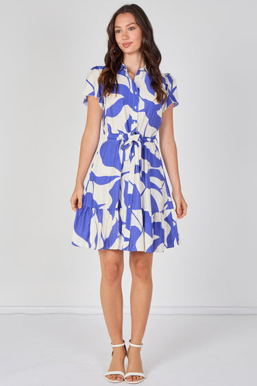 Blue Abstract Print Short Sleeve Shirt Dress