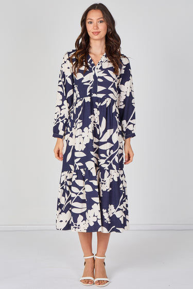 Navy Blossom Tiered Smock Midaxi Dress