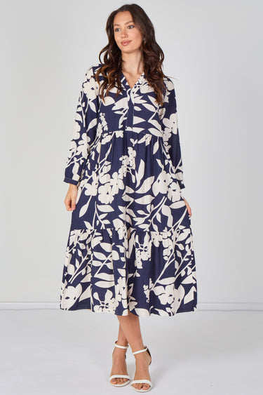 Navy Blossom Tiered Smock Midaxi Dress