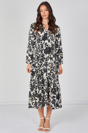 Monochrome Bloom Smock Midaxi Dress