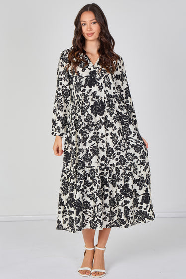 Monochrome Bloom Smock Midaxi Dress