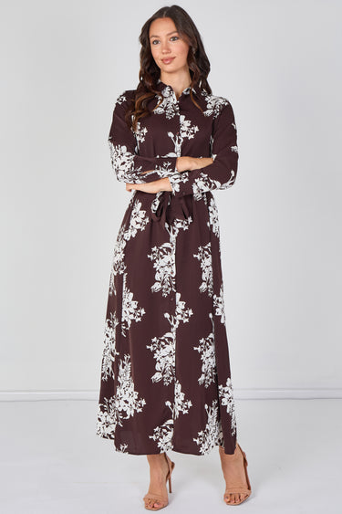 Chocolate and White Floral Belted Maxi Shirt Dress