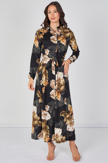 Black Iris Floral Belted Maxi Shirt Dress