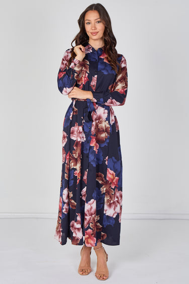 Navy Iris Floral Belted Maxi Shirt Dress