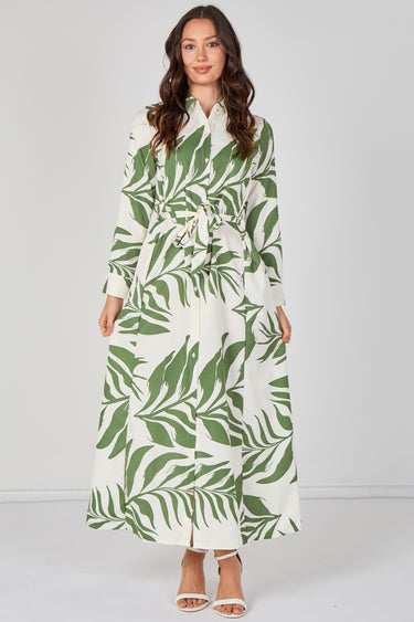 Green Palm Print Belted Maxi Shirt Dress