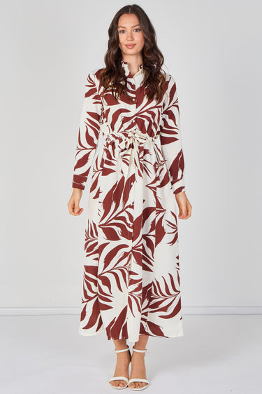 Rust Palm Print Belted Maxi Shirt Dress