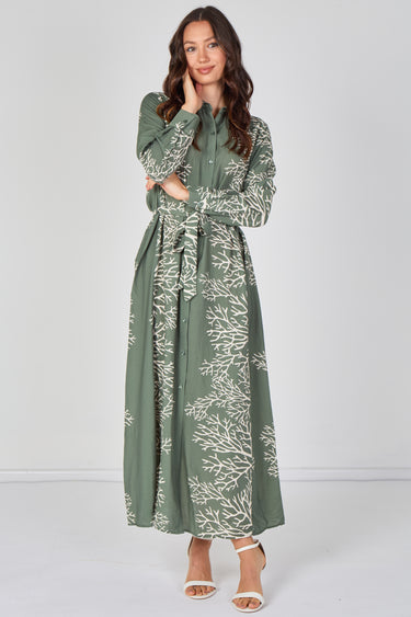Sage Coral Print Belted Maxi Shirt Dress