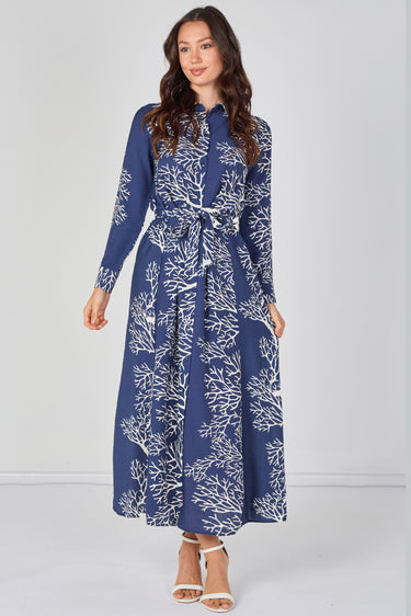 Navy Coral Print Belted Maxi Shirt Dress
