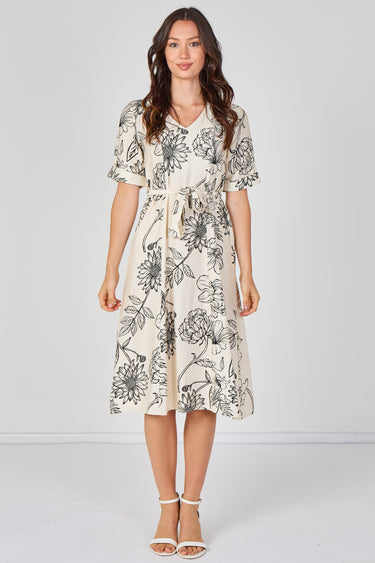 Ivory Floral Print Short Sleeve Midi Dress
