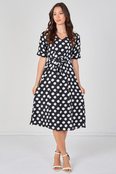 Black Polka Dot Short Sleeve Midi Dress