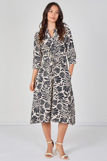 Black Tropical Print Quarter Sleeve Tie Waist Midi Dress