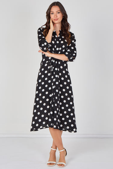 Black Large Polka Dot Quarter Sleeve Tie Waist Midi Dress