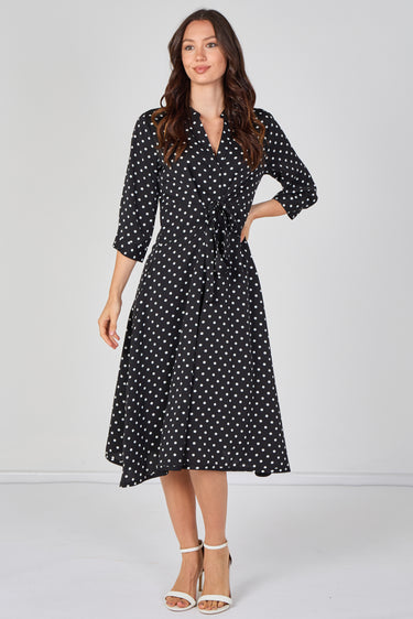 Black Mini Polka Dot Quarter Sleeve Tie Waist Midi Dress