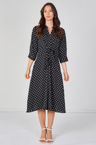Black Mini Polka Dot Quarter Sleeve Tie Waist Midi Dress