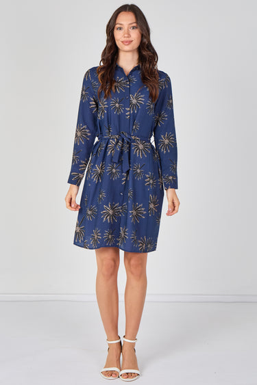 Navy Floral Print Long Sleeve Mini Shirt Dress