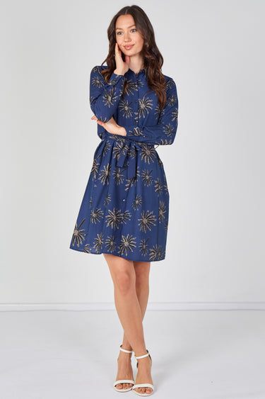 Navy Floral Print Long Sleeve Mini Shirt Dress