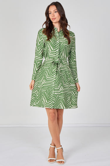 Green Geometric Print Long Sleeve Mini Shirt Dress