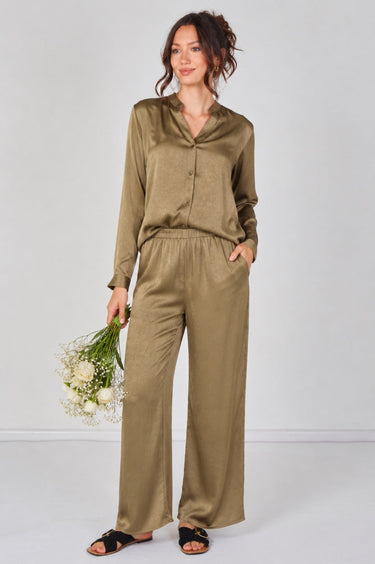 Olive Satin Shirt & Straight Leg Trousers Co-Ord Set