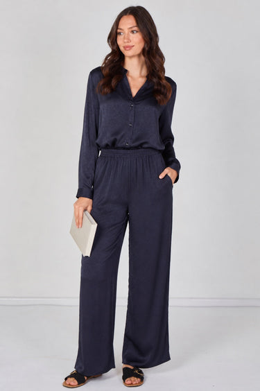 Navy Satin Shirt & Straight Leg Trousers Co-Ord Set
