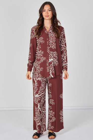 Rust Coral Print Shirt and Trouser Co-Ord Set