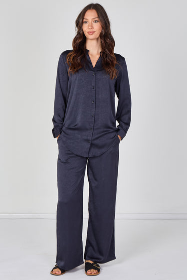 Navy Satin Shirt & Straight Leg Trousers Co-Ord Set