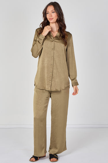 Olive Satin Shirt & Straight Leg Trousers Co-Ord Set