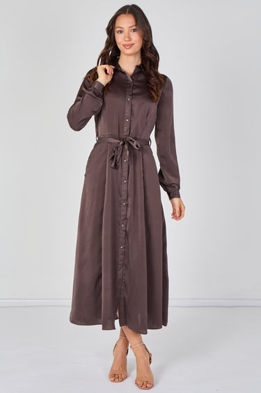 Love Sunshine Mocha Brown Velvety Satin Belted Maxi Shirt Dress Brunch Dress Casual Dress DB Dress with Pockets Dresses Everyday Dress Garden Party Dress Holiday Dress Long Sleeve Dress LS-2443L Plain Dress Wedding Guest Dress