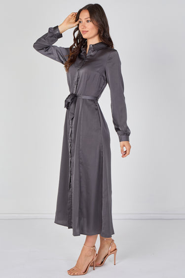 Love Sunshine Slate Grey Velvety Satin Belted Maxi Shirt Dress Brunch Dress Casual Dress DB Dress with Pockets Dresses Everyday Dress Garden Party Dress Holiday Dress Long Sleeve Dress LS-2443L Plain Dress Wedding Guest Dress