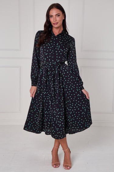 Black Teal Abstract Petal Print Midi Shirt Dress