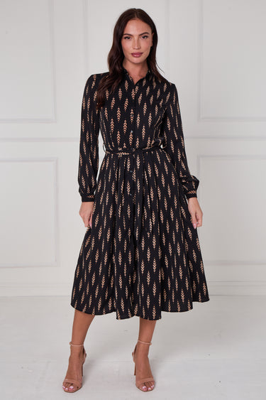 Black Camel Chevron Petal Midi Shirt Dress