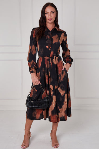 Brown Abstract Print Midi Shirt Dress