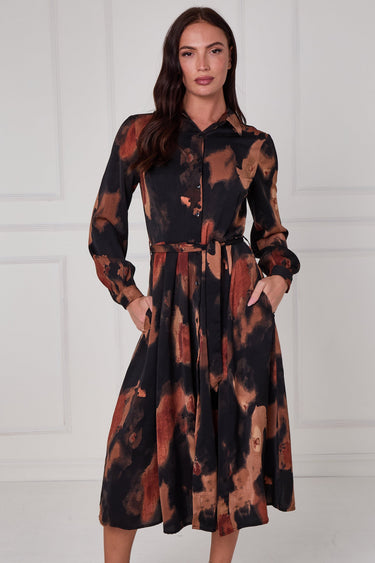 Brown Abstract Print Midi Shirt Dress