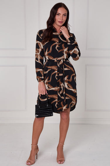 Black and Cocoa Abstract Swirl Print Mini Shirt Dress
