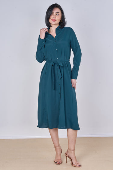 Teal Plain Belted Midi Shirt Dress