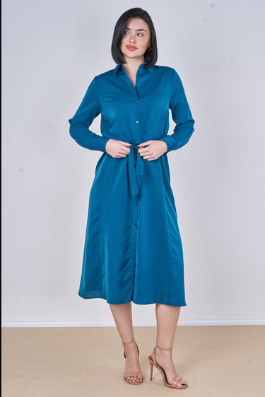 Peacock Blue Plain Belted Midi Shirt Dress