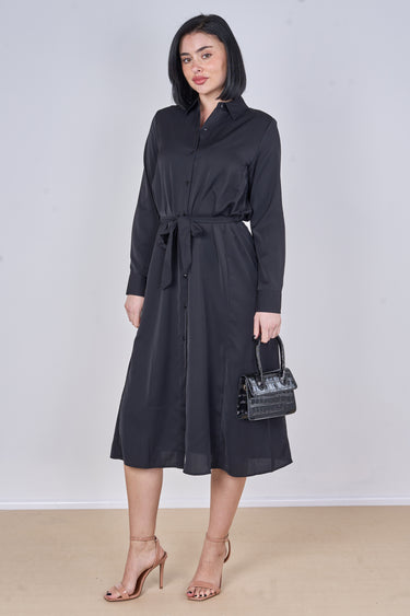 Black Plain Belted Midi Shirt Dress