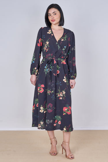 Black Floral Print Belted Crossover Midi Dress