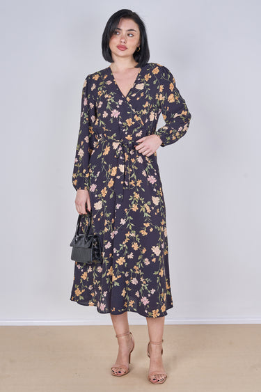 Love Sunshine Black Vintage Floral Belted Crossover Midi Dress auto-20 Brunch Dress Dress with Pockets Dresses Everyday Dress Garden Party Dress Going Out Dress Holiday Dress Long Sleeve Dress LS-2258 Summer Dress Tea Dress Wedding Guest Dress