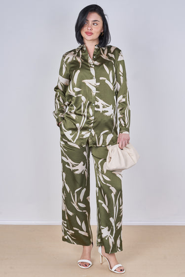 Olive Abstract Leaf Print Co-Ord Set