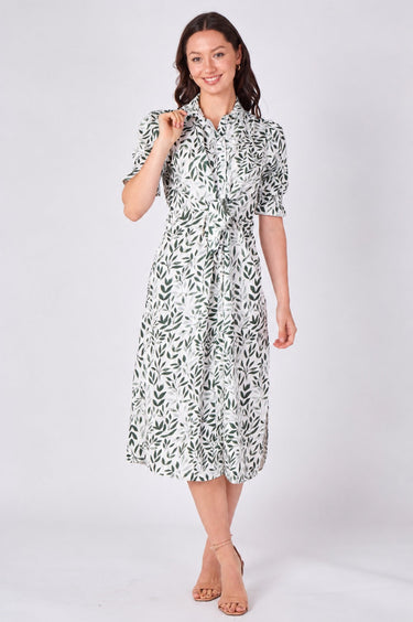 Green Leaf Print Tie Waist Midi Dress