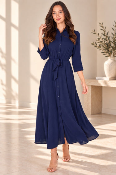 Navy Textured Belted Maxi Shirt Dress