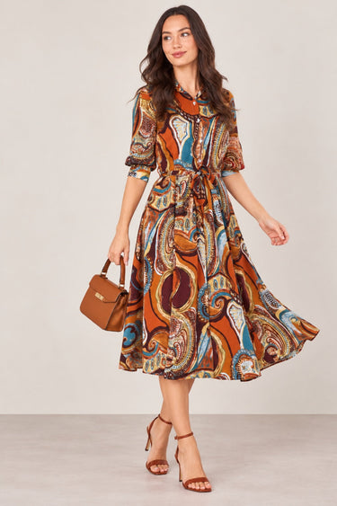 Love Sunshine Rust Orange Paisley Print Tie Waist Midi Shirt Dress Brunch Dress Casual Dress Dress with Pockets Dresses Everyday Dress LS-2045 Workwear Dress