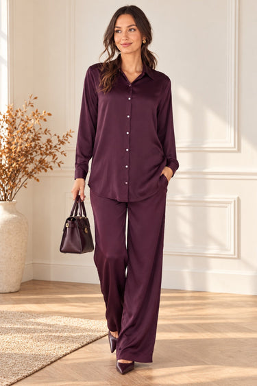 Love Sunshine Plum Layered Satin Shirt & Wide Leg Trouser Co-Ord Set Co ord sets LS-5002 LS-5002&9057 LS-9057