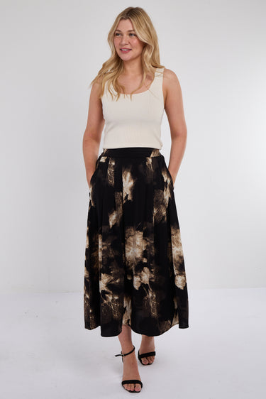 Black Brushstroke Print Midi Skirt