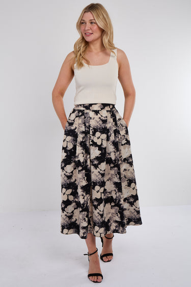 Black Floral Print Pleated Midi Skirt