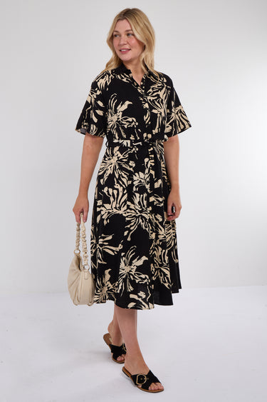 Black Abstract Floral Print Short Sleeve Midi Dress