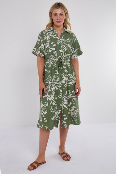 Green Abstract Floral Print Short Sleeve Midi Dress