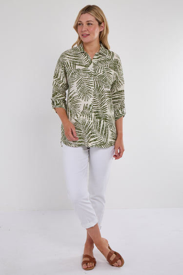 Green Palm Leaf Print Long Sleeve Shirt
