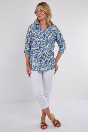 Blue Leaf Print Oversized Shirt